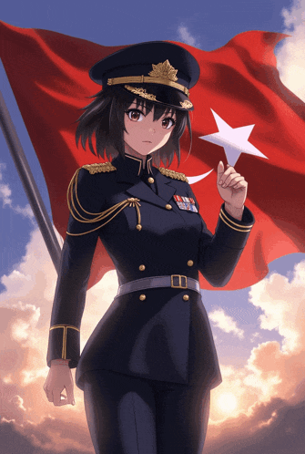 a girl in a military uniform is holding a red flag