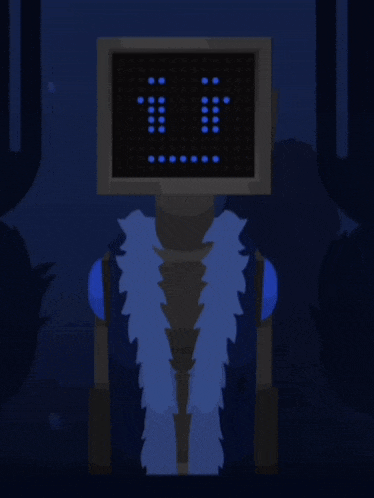 a robot with a computer monitor on his head and a blue fur coat