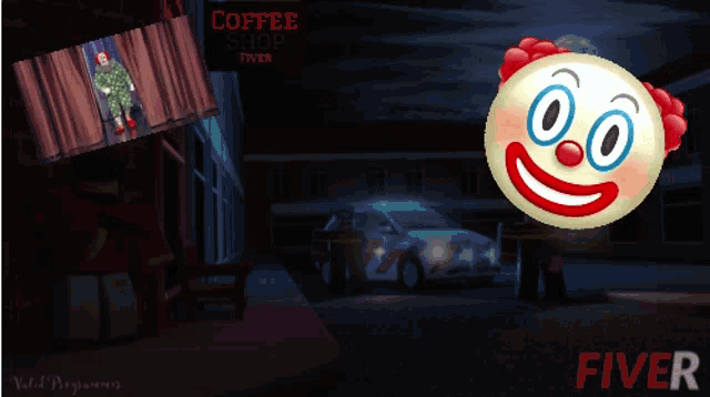 a clown is standing in front of a coffee shop with a police car in the background
