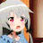 a girl with white hair and red eyes is sitting in a chair .