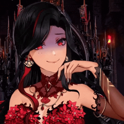 a woman with black hair and red highlights is wearing a red dress