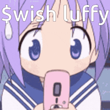 a girl with purple hair is holding a pink cell phone with the words swish luffy above her head