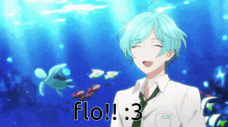 a boy with blue hair is smiling in front of a blue background with the words flo : 3 written on it