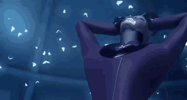 a close up of a cartoon character in a purple suit holding a knife in his hand .