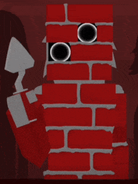 a red brick holding a trowel in front of a brick wall