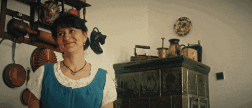 a woman in a blue dress stands in front of a shelf with pots and pans on it