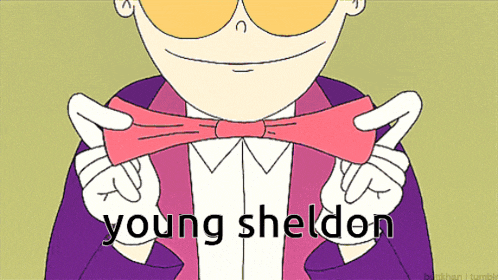 a cartoon of a man wearing a pink bow tie with the words young sheldon below him