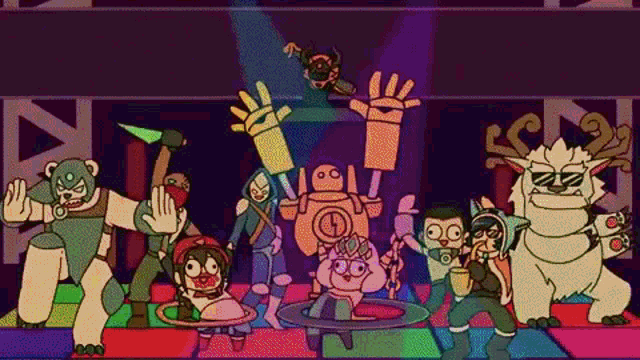 a group of cartoon characters are standing together on a stage