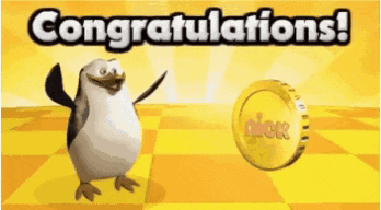 a penguin is standing next to a coin that says congratulations on it