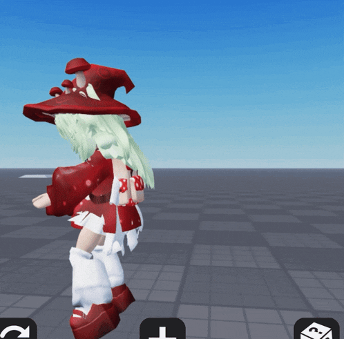a girl in a red and white outfit with a red hat is walking