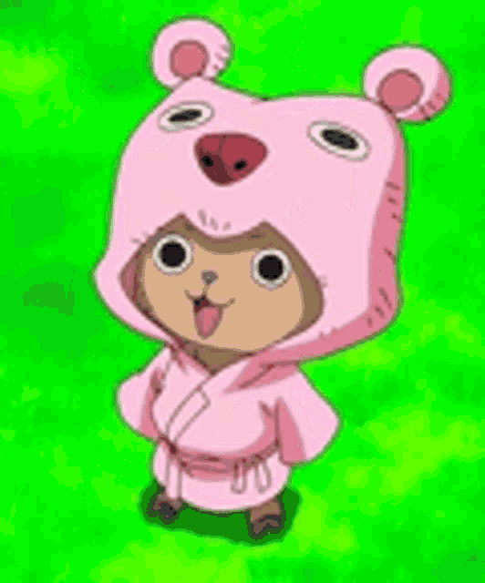 a cartoon character is wearing a pink bear costume and standing on a green field .