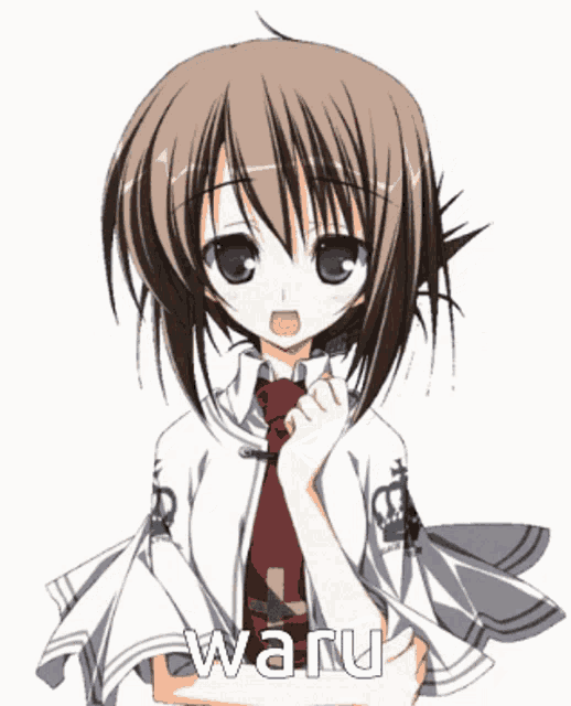 a girl with brown hair is wearing a white shirt and a red tie with the word waru written on it