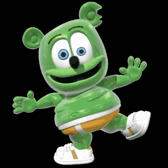 a green gummy bear with blue eyes is wearing white and orange shorts