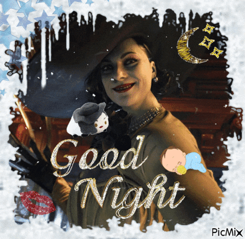 a picture of a woman with the words good night written on the bottom