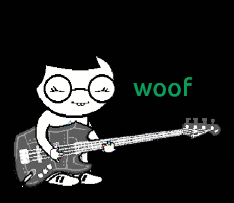 a black and white drawing of a cat playing a guitar with the word woof written in green