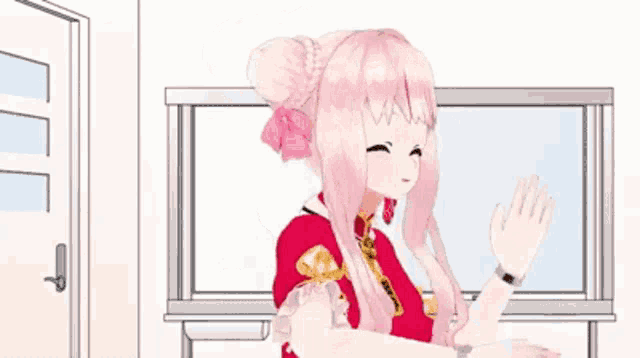 a cartoon girl with pink hair and a red dress is standing in front of a door .