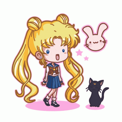 a drawing of a girl standing next to a cat and a bunny