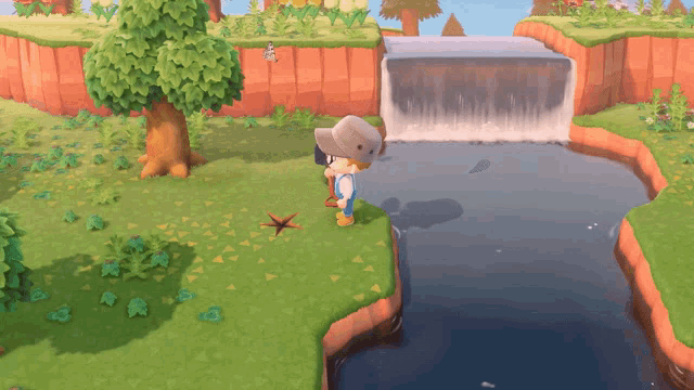 a cartoon character is standing next to a waterfall