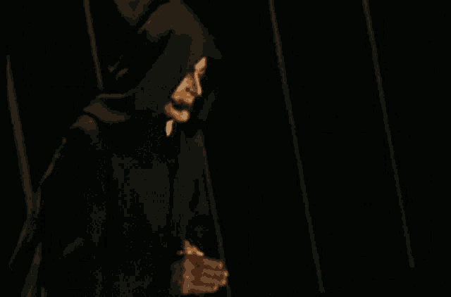 a man in a black robe with a hood is standing in the dark