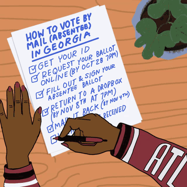 a person is writing on a piece of paper that says how to vote by mail ( absentee ) in georgia