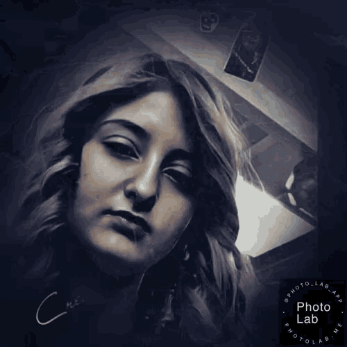 a black and white photo of a woman with the words photo lab below it