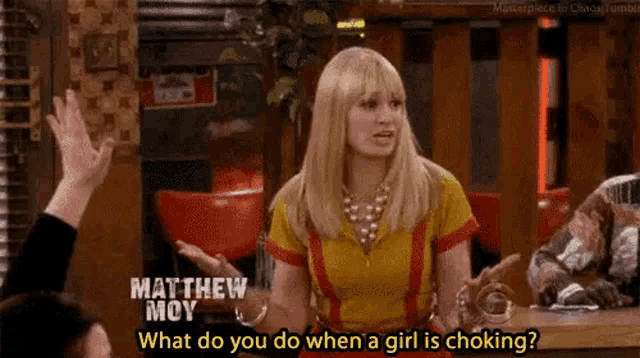 a woman is talking to a man in a diner and asking him what do you do when a girl is choking ?