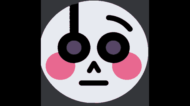a white circle with purple eyes and pink cheeks has a skull on it