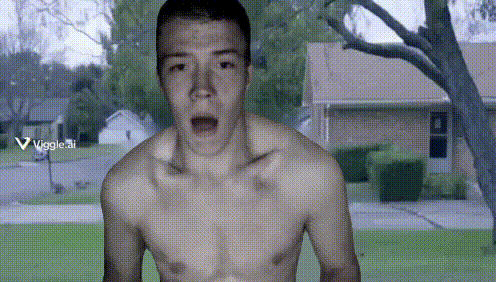 a shirtless man is standing in front of a house with a viggle.ai watermark on the bottom right