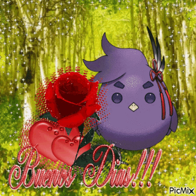 a purple bird is holding a red rose and hearts with the words buenos dias written below it