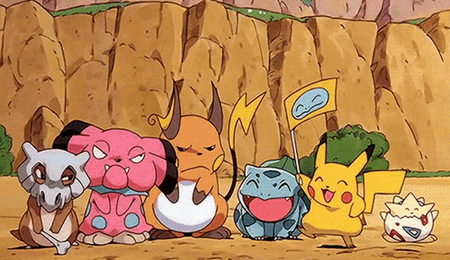 a group of pokemon standing next to each other including pikachu and bulbasaur