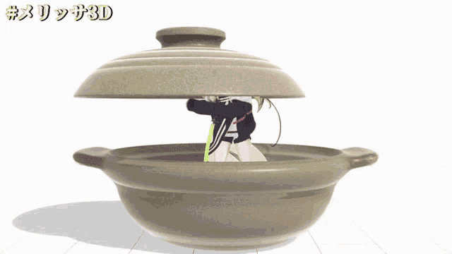 a 3d model of a girl standing in a pot with chinese writing on the bottom