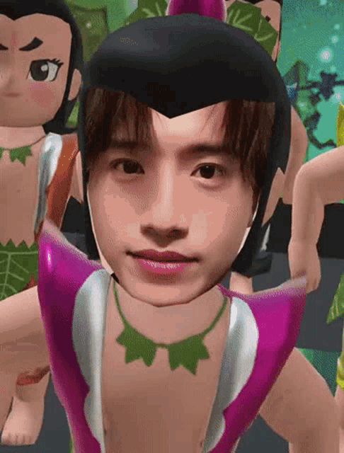 a close up of a person 's face with a cartoon character behind him