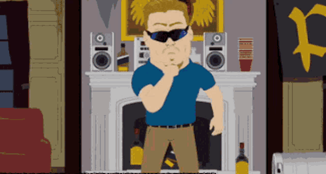 a man wearing sunglasses and a blue shirt stands in front of a fireplace