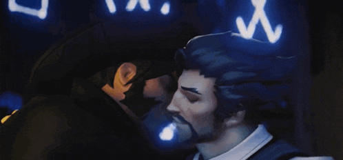 a man with a beard is kissing another man in a video game
