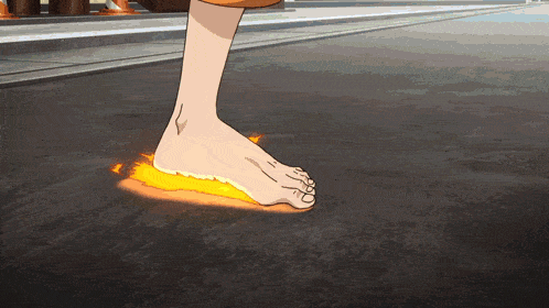 a cartoon character 's foot is on a fire