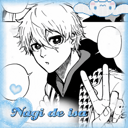 a black and white drawing of a boy with the name nagi de isa on the bottom