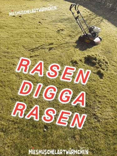 a picture of a lawn mower with the words " rasen digga rasen "
