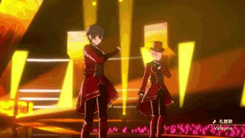 a couple of anime characters are standing on a stage .