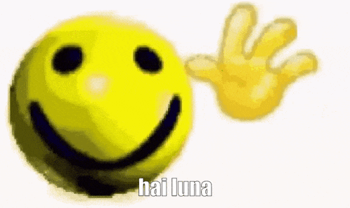 a smiley face with a hand waving in front of it and the words hai luna written below it .
