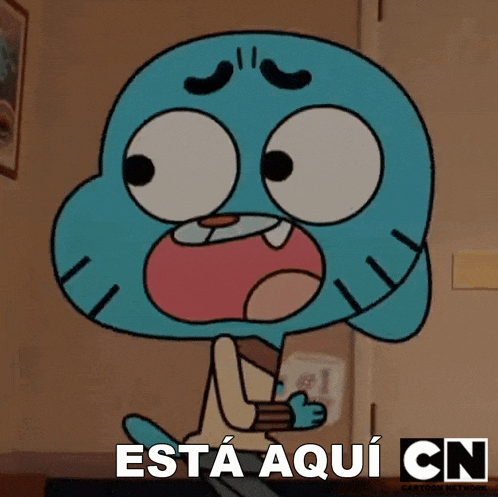 gumball from the amazing world of gumball is sitting in a room with his mouth open .