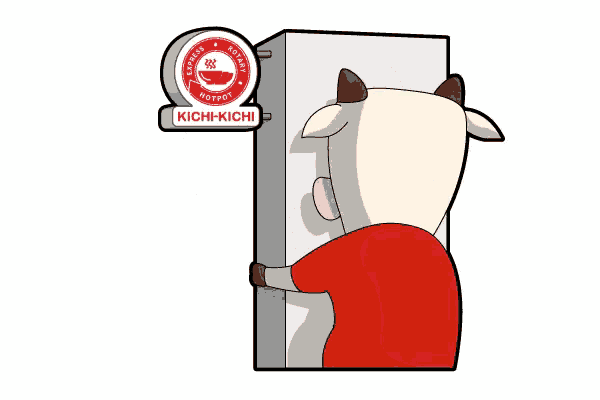 a cartoon of a cow opening a refrigerator with a sign that says kichi-kichi