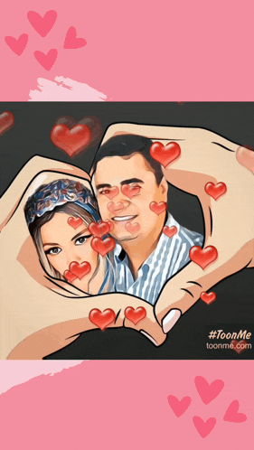 a cartoon drawing of a man and woman making a heart shape with their hands