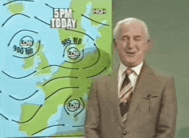 a man in a suit and tie stands in front of a weather map that says 5pm today