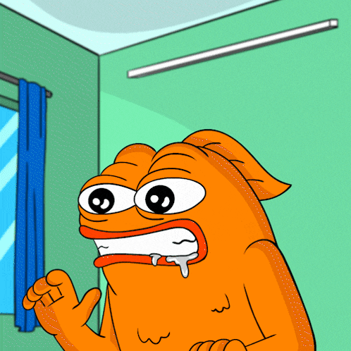 a cartoon of a fish with a blue curtain behind him