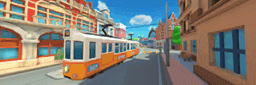 an orange and white train is driving down a street in a city .