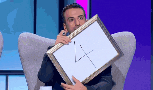 a man in a chair is holding a picture frame with the letter l drawn on it