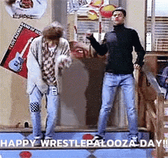 two people are dancing in a room with the words happy wrestlepalooza day written on the bottom