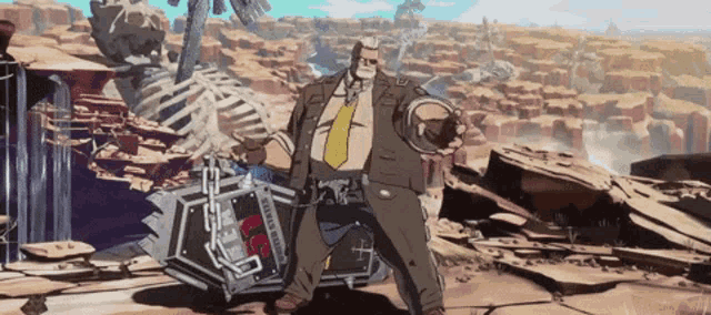 a man in a suit and tie is standing next to a skeleton in the desert