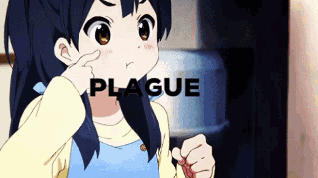 a cartoon girl with the word plague on the bottom