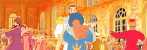a group of people are dancing in a room in a cartoon scene .